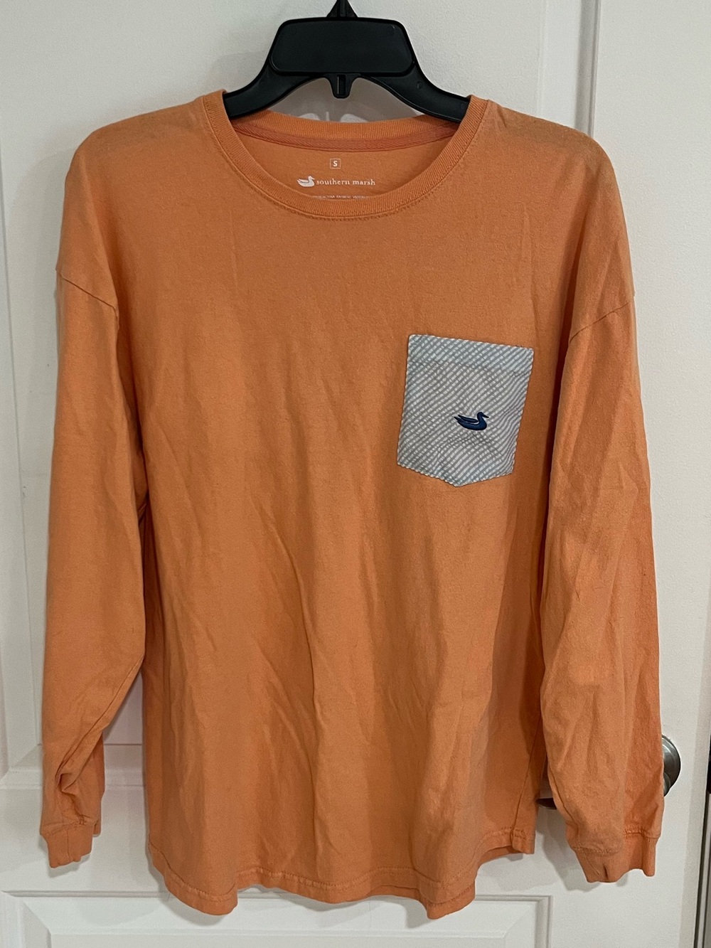 Southern Marsh Long Sleeve Tee with Contrast Pocket - Orange & Blue